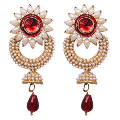 Enamel Red and Maroon, White and Off White color Earrings in Metal Alloy studded with Austrian diamond, Beads, Pearl