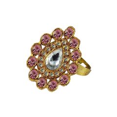 Gold Rodium Polish Pink and Majenta, White and Off White color Ring in Brass studded with CZ Diamond