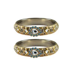 Gold Rodium Polish Blue color Bangles in Brass studded with CZ Diamond