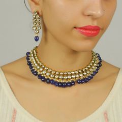 Gold Rodium Polish Blue, White and Off White color Necklace in Metal Alloy studded with CZ Diamond, Kundan