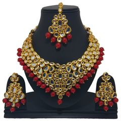 Gold Rodium Polish Red and Maroon color Necklace in Metal Alloy studded with CZ Diamond, Kundan