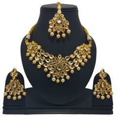 Gold Rodium Polish Beige and Brown color Necklace in Metal Alloy studded with CZ Diamond, Kundan