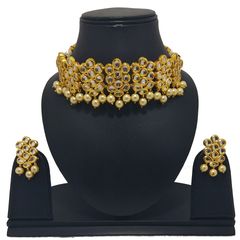 Gold Rodium Polish Beige and Brown color Necklace in Metal Alloy studded with CZ Diamond, Kundan