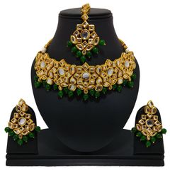 Gold Rodium Polish Green color Necklace in Metal Alloy studded with CZ Diamond, Kundan