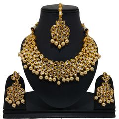 Gold Rodium Polish Beige and Brown color Necklace in Metal Alloy studded with CZ Diamond, Kundan