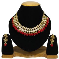 Gold Rodium Polish Red and Maroon, White and Off White color Necklace in Metal Alloy studded with CZ Diamond, Kundan