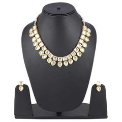 Gold Rodium Polish White and Off White color Necklace in Metal Alloy studded with CZ Diamond, Kundan