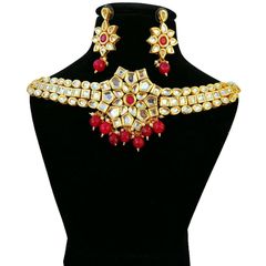Gold Rodium Polish Red and Maroon, White and Off White color Necklace in Metal Alloy studded with CZ Diamond, Kundan