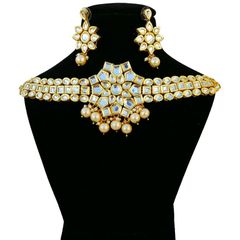 Gold Rodium Polish Beige and Brown, White and Off White color Necklace in Metal Alloy studded with CZ Diamond, Kundan