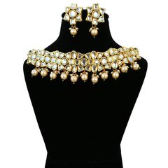 Gold Rodium Polish Beige and Brown color Necklace in Metal Alloy studded with CZ Diamond, Kundan