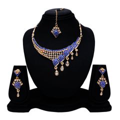 Gold Rodium Polish Blue, White and Off White color Necklace in Metal Alloy studded with Austrian diamond