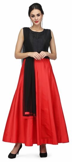 900208 Black and Grey,Red and Maroon  color family Anarkali Suits in Art Silk,Raw Dupion Silk fabric with Stone work .