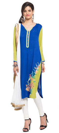 Blue color Salwar Kameez in Cotton fabric with Appliques, Embroidered, Resham, Thread work