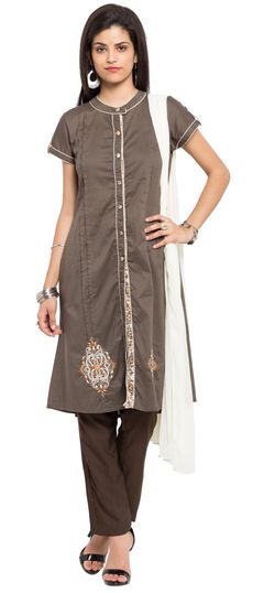 Beige and Brown color Salwar Kameez in Cotton fabric with Embroidered, Pleats, Thread work