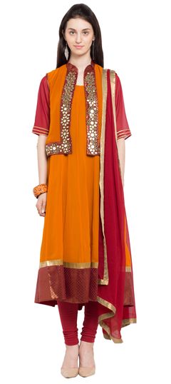 Orange color Salwar Kameez in Faux Georgette fabric with Border, Embroidered, Mirror, Thread work