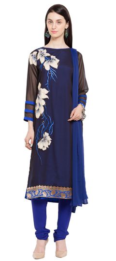 Blue color Salwar Kameez in Faux Georgette fabric with Appliques, Embroidered, Thread work