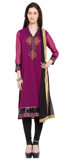 Pink and Majenta color Salwar Kameez in Faux Georgette fabric with Embroidered, Sequence, Thread work