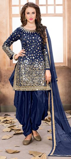 Party Wear Blue color Salwar Kameez in Taffeta Silk fabric with Patiala Mirror, Thread, Zari work : 905457