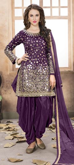 Party Wear Purple and Violet color Salwar Kameez in Taffeta Silk fabric with Patiala Mirror, Thread, Zari work : 905458