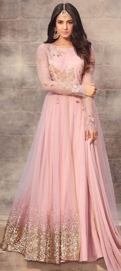 Pink and Majenta color Salwar Kameez in Net fabric with Embroidered, Sequence, Stone, Thread work