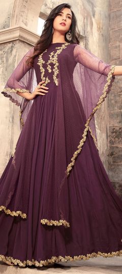 Purple and Violet color Salwar Kameez in Faux Georgette fabric with Bugle Beads, Embroidered, Lace, Thread, Zari work