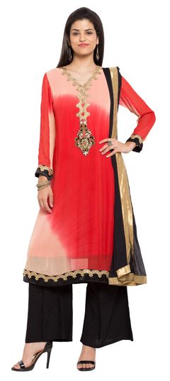 Red and Maroon color Salwar Kameez in Faux Georgette fabric with Patch, Stone work