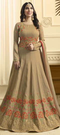 Beige and Brown color Salwar Kameez in Raw Silk fabric with Embroidered, Resham, Stone, Thread, Zari work