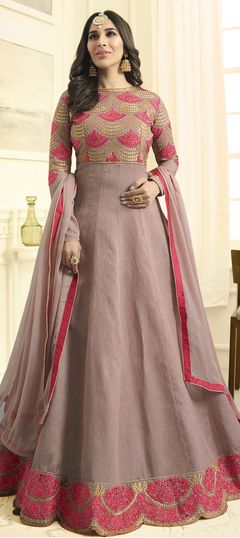 Beige and Brown color Salwar Kameez in Raw Silk fabric with Embroidered, Resham, Stone, Thread, Zari work