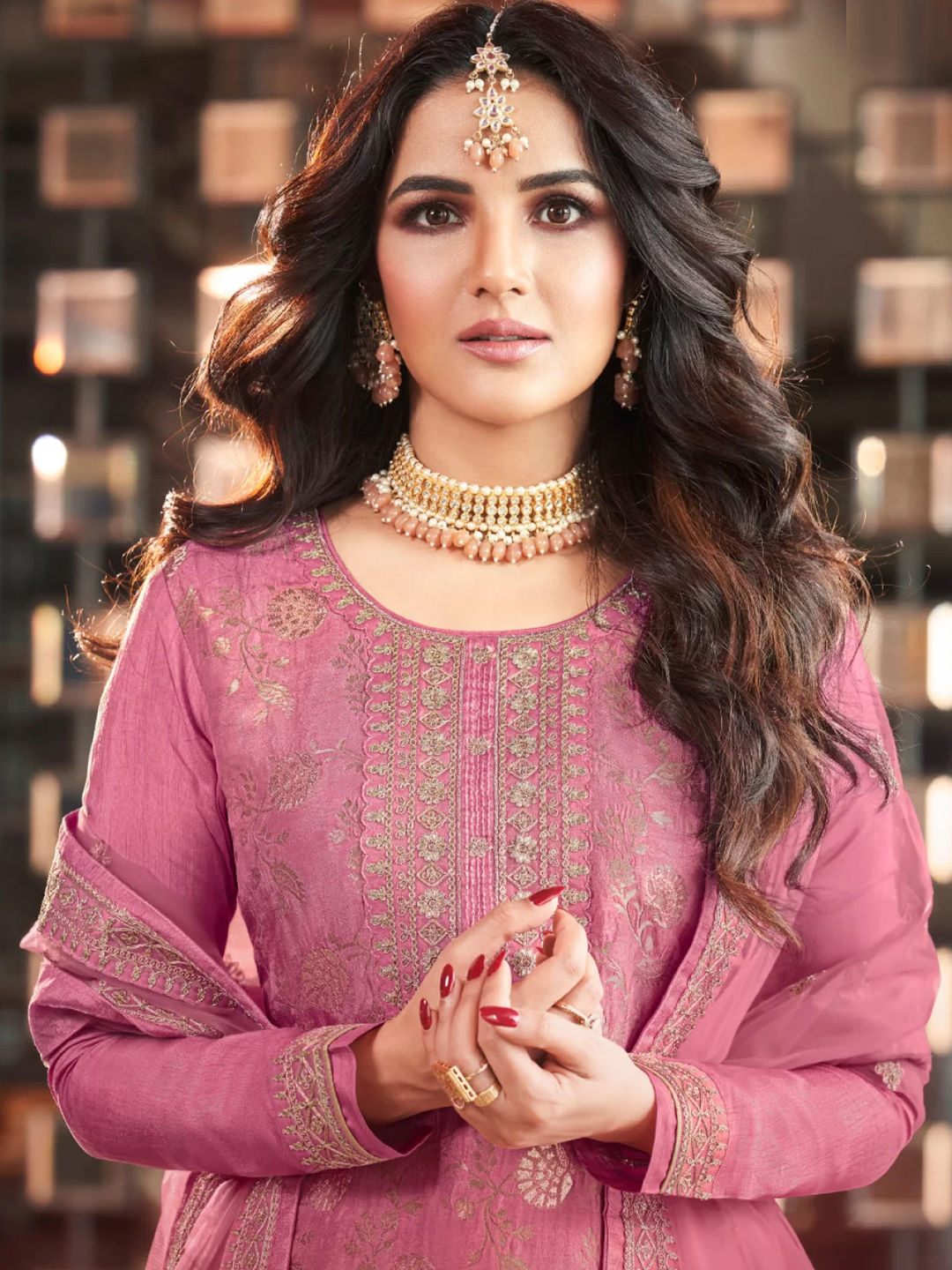 Pink Handwork Shimmer Jacquard Festive Salwar Suit main image 1