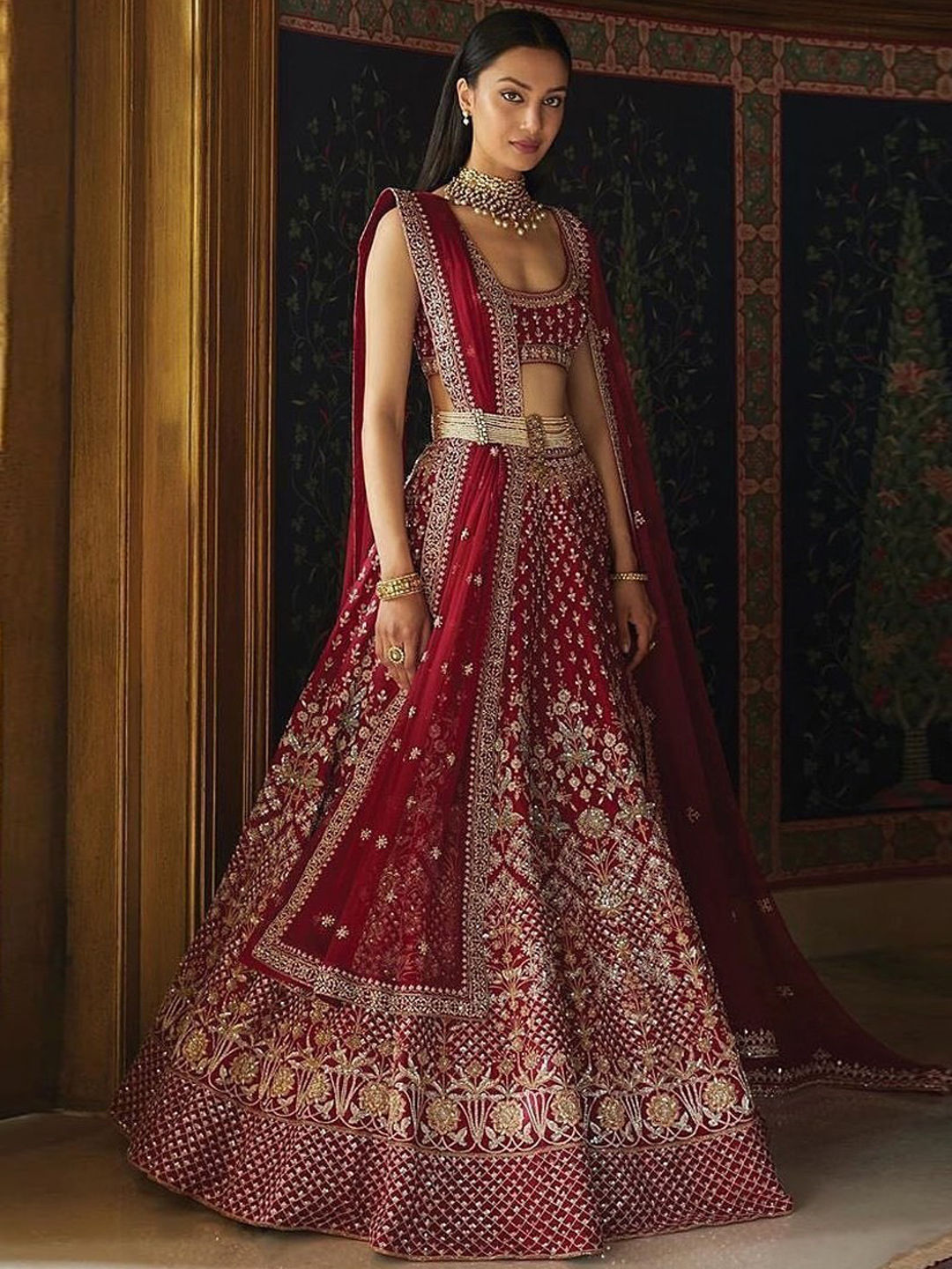 satin-silk-traditional-wedding-lehenga-in-red-and-maroon-with-thread-work