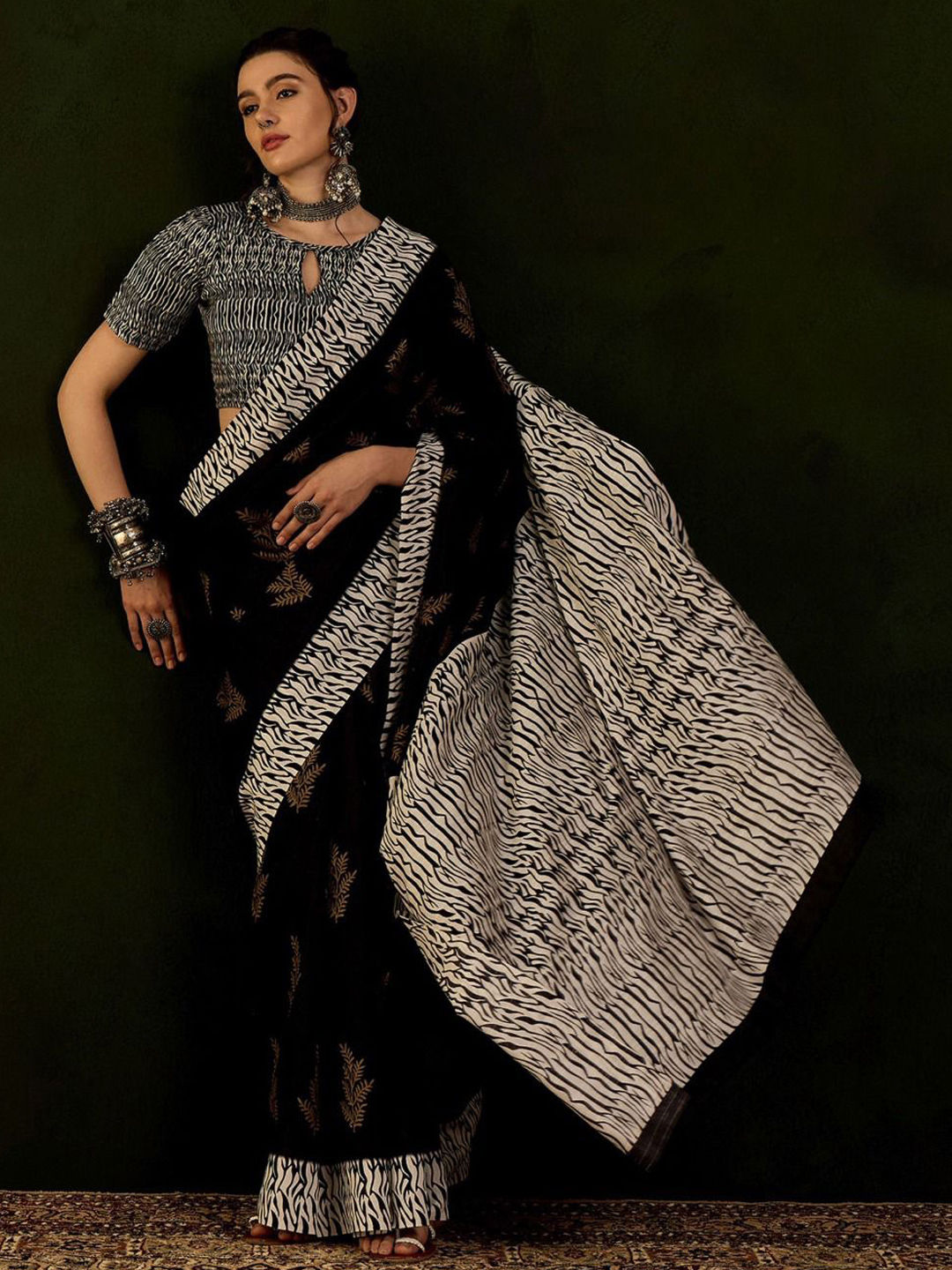 Women's Bhagalpuri Silk Charcoal Grey Printed Designer Saree With Blouse Piece