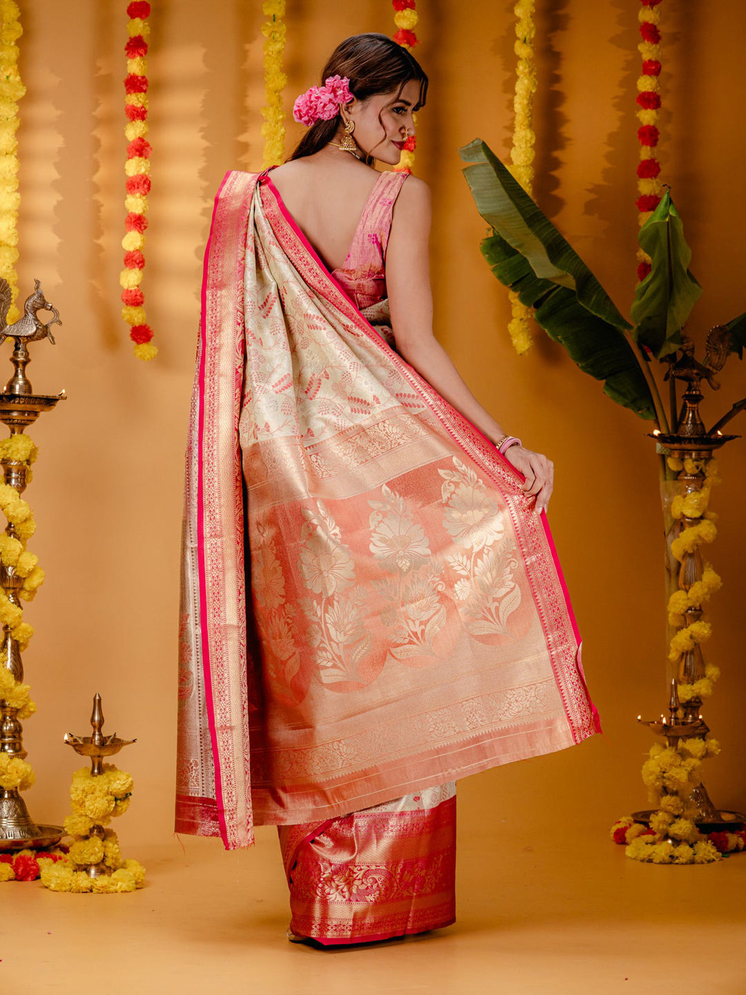 Off White Bridal Kanjivaram Saree with Unstitched Blouse main image 1