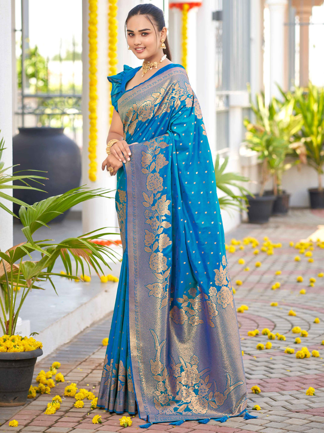 Blue & Multi  Colored Banarasi Silk Woven Party Wear Saree main image 1