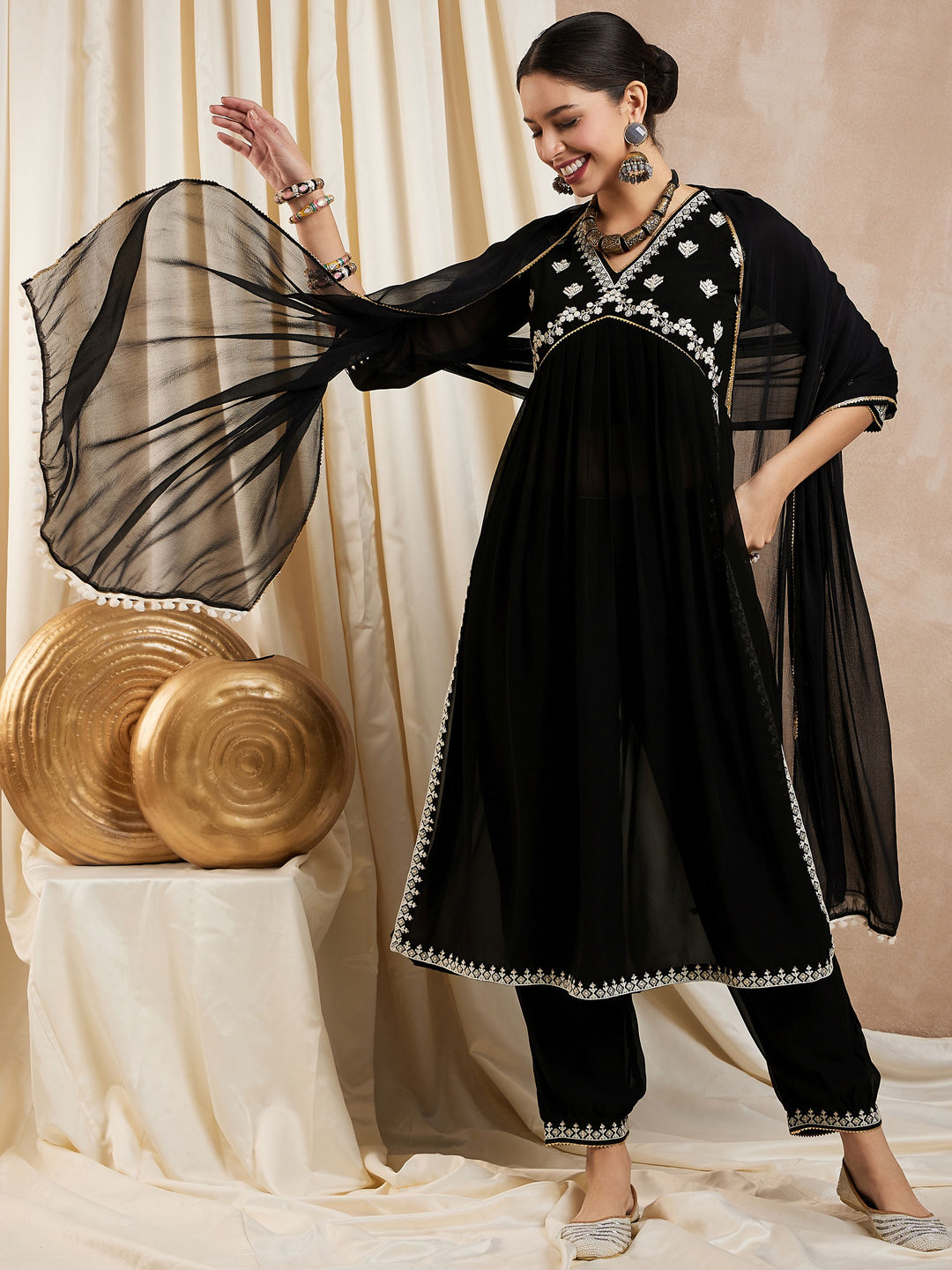 Fashionable Grey Georgette Designer Party Wear Readymade Salwar Suit With Yellow Santoon