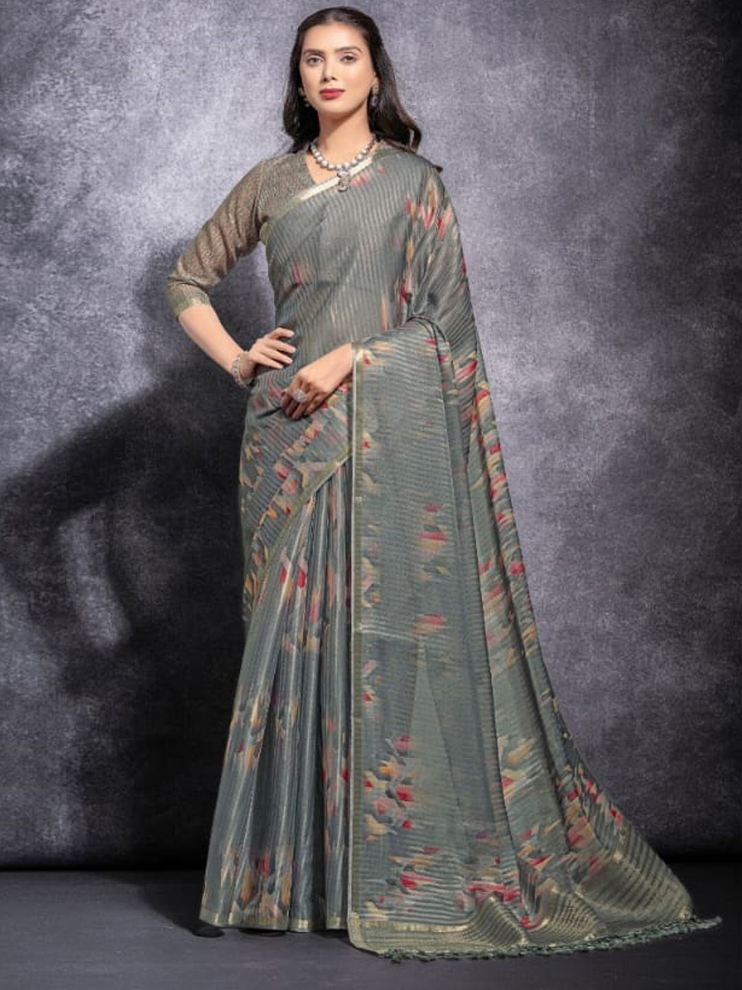 Linen Saree - Ash Grey x Black