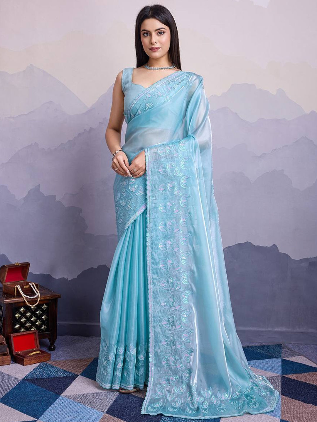 Designer Party Wear Saree outlet on Organza silk fabric with Thread work