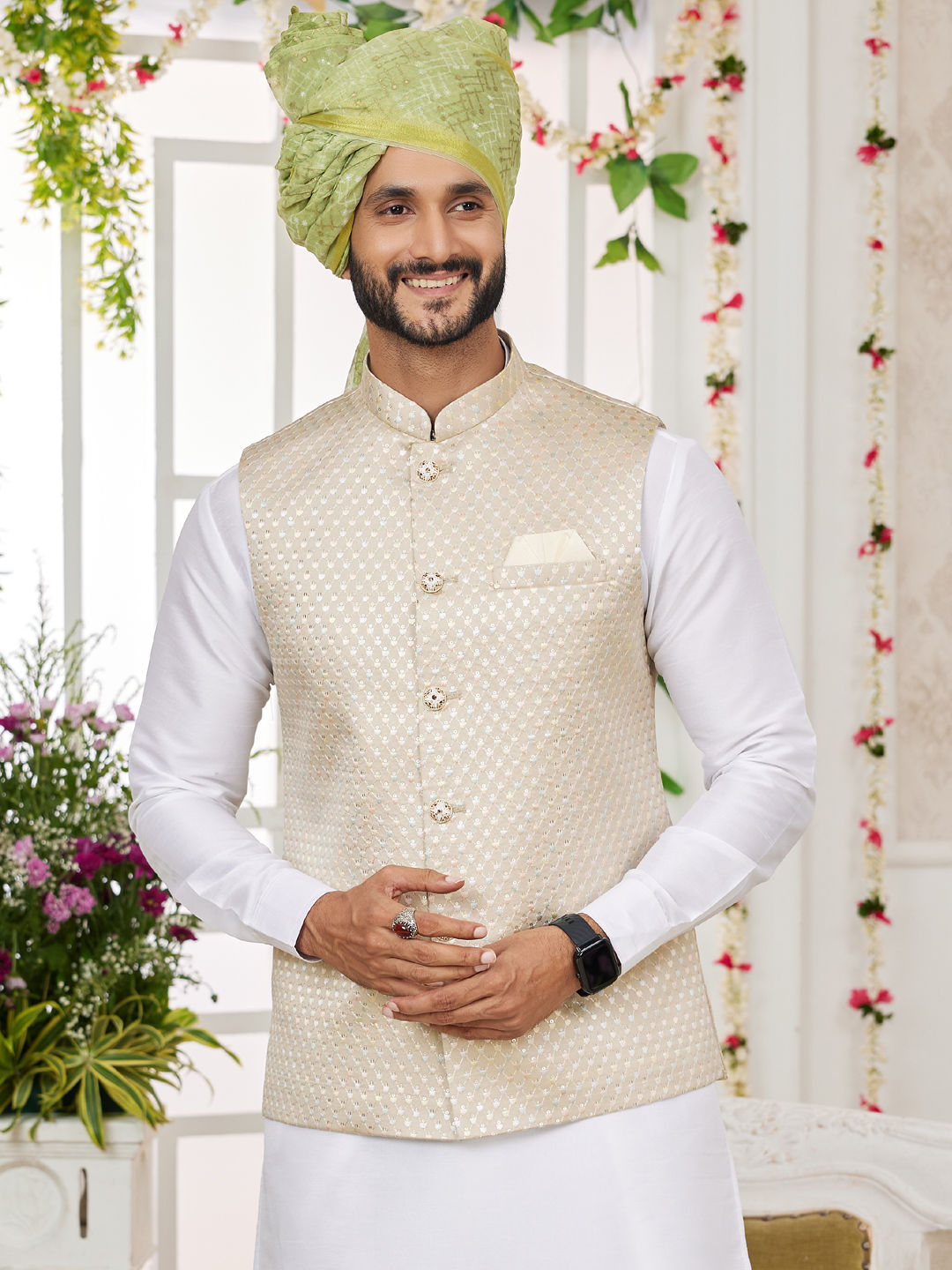 Party Wear White and Off White color Art Silk fabric Nehru Jacket