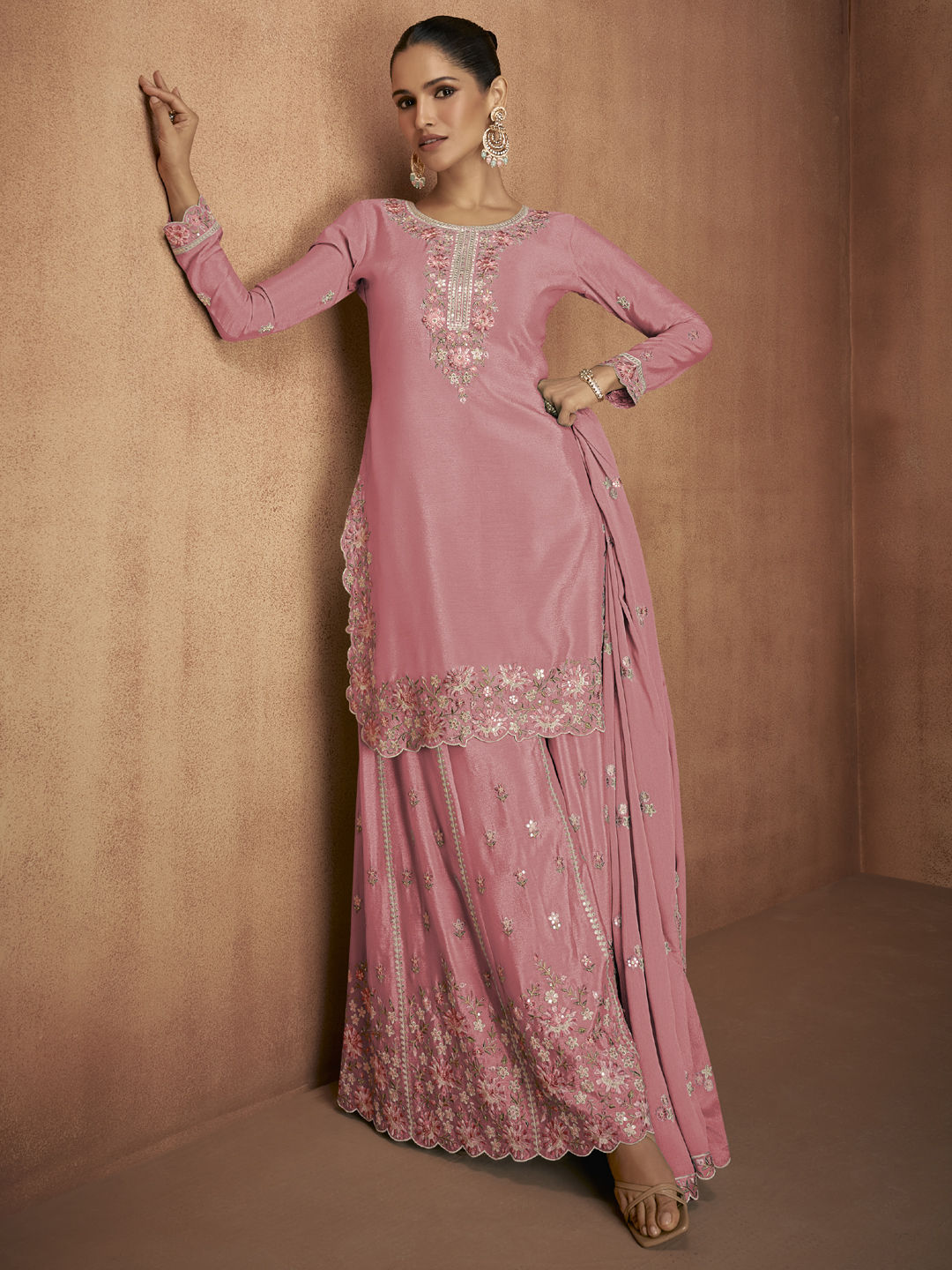 Straight Cut Magenta Pink Silk Festive Salwar Kameez