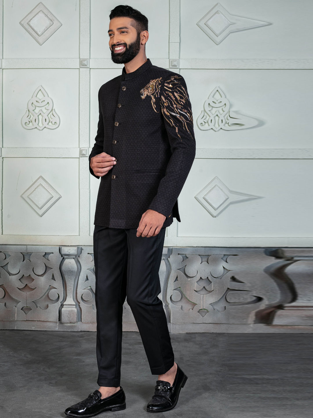 Reception, Wedding Black and Grey color Rayon fabric Jodhpuri Suit : 1970743