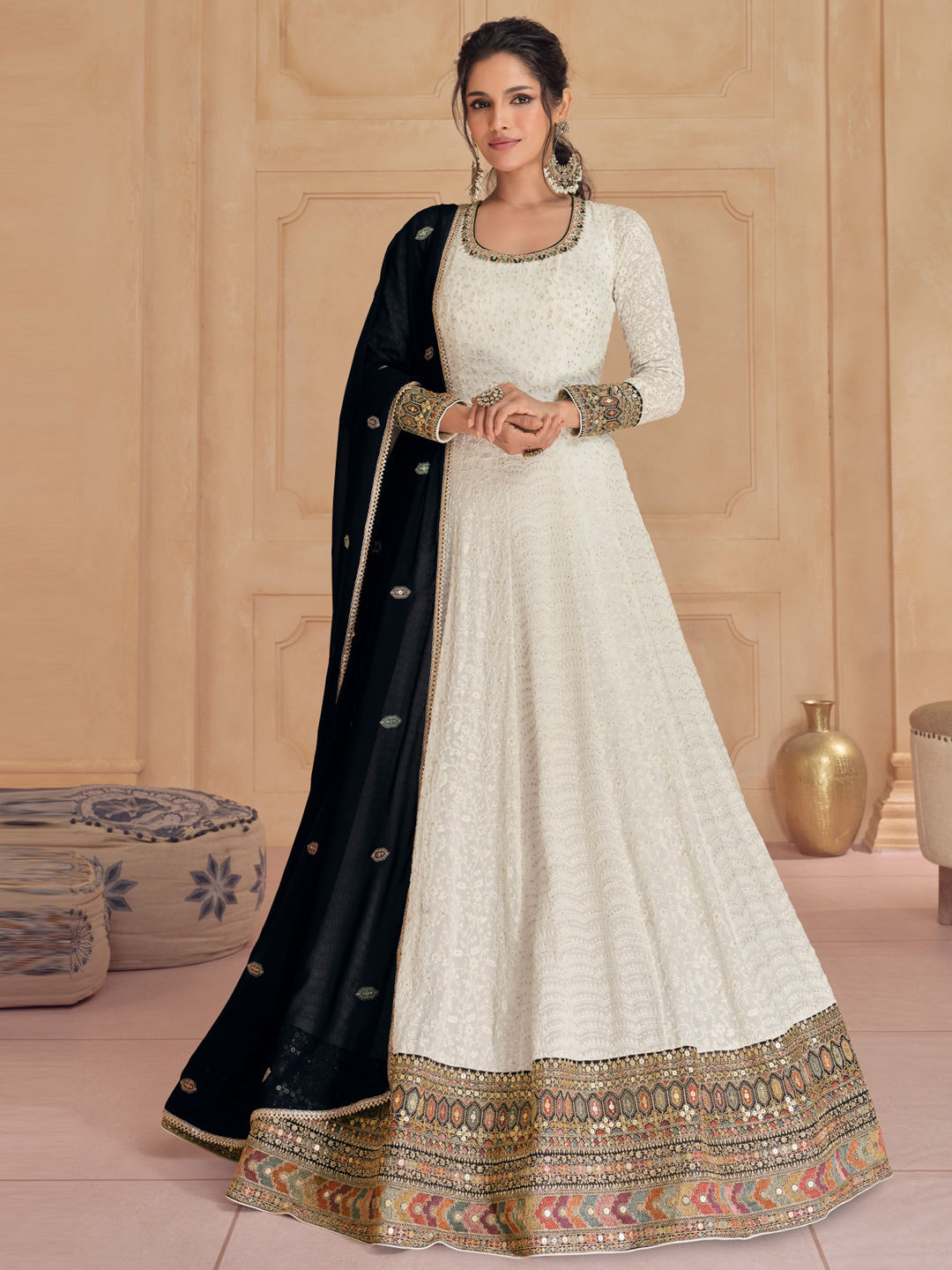 Engagement, Festive, Wedding White and Off White color Faux Georgette fabric Gown : 1973478 Engagement, Festive, Wedding White and Off White color Faux Georgette fabric Gown : 1973478