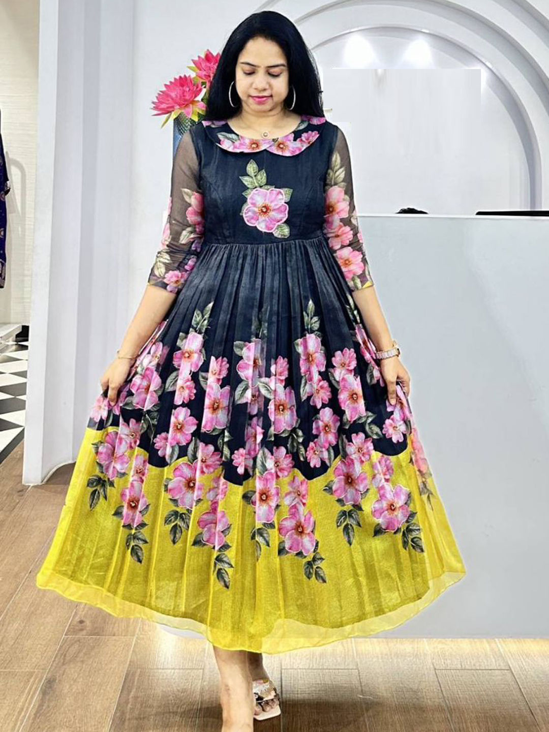Casual, Summer Black and Grey, Yellow color Tissue fabric Gown : 2042835