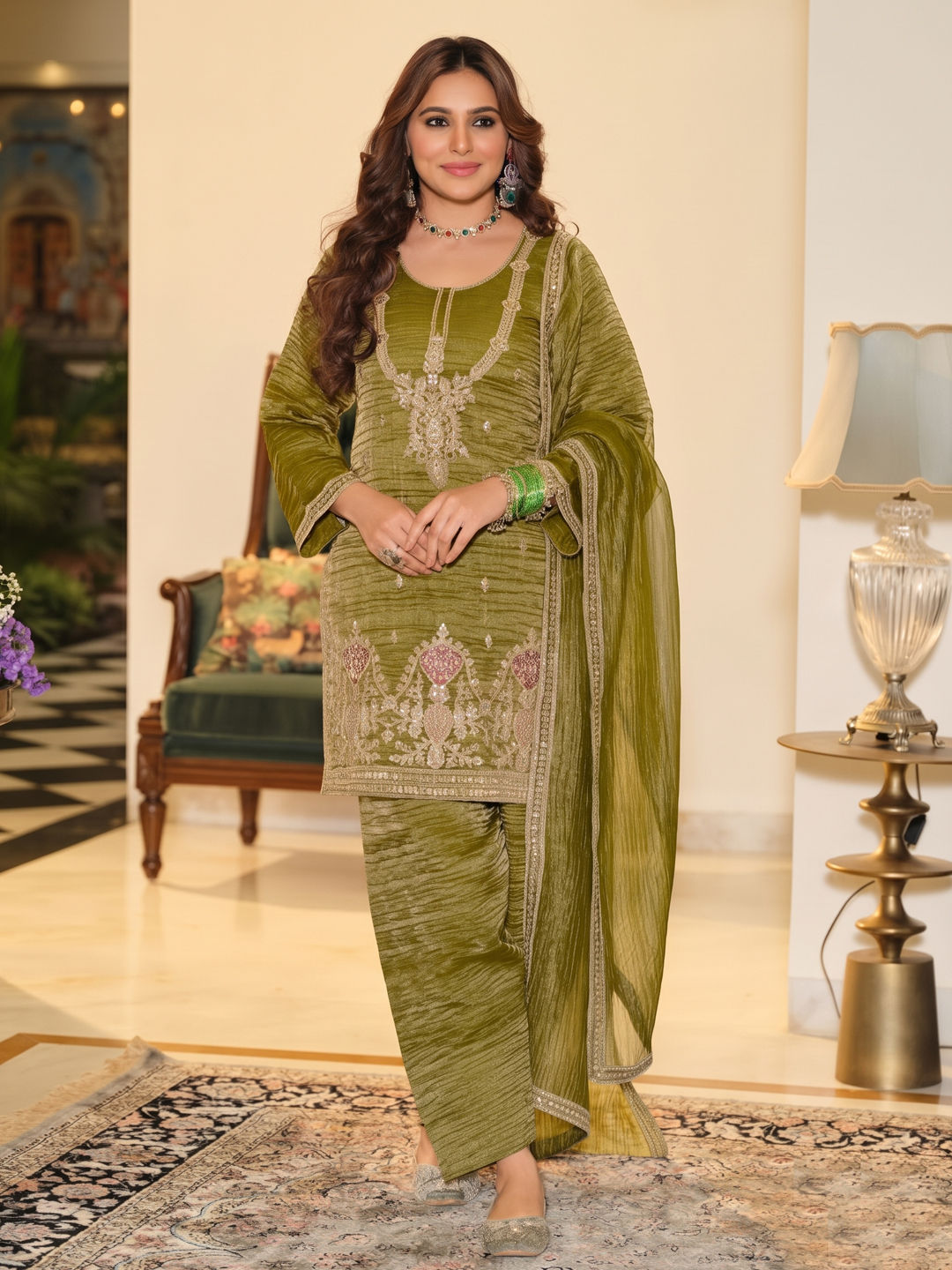 Festive, Party Wear Green color Cotton, Crushed Silk fabric Salwar ...