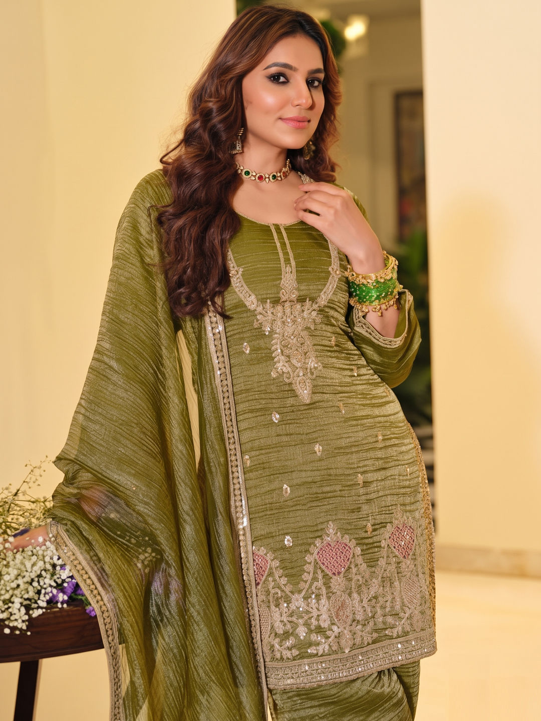 Festive, Party Wear Green color Cotton, Crushed Silk fabric Salwar ...