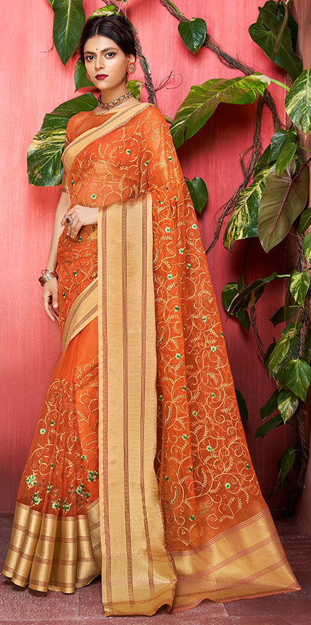 Party Wear Reception Traditional Orange Color Organza Silk Silk Fabric Saree 1571531 2213