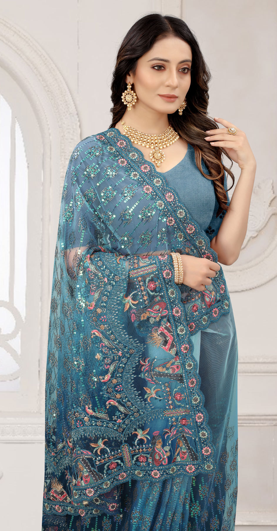 Mehendi Sangeet, Party Wear, Wedding Blue color Net fabric Saree : 1789409