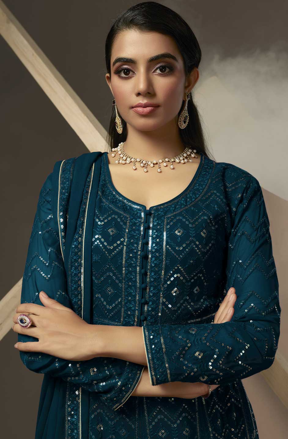 Midnight blue georgette drape gown main image 1