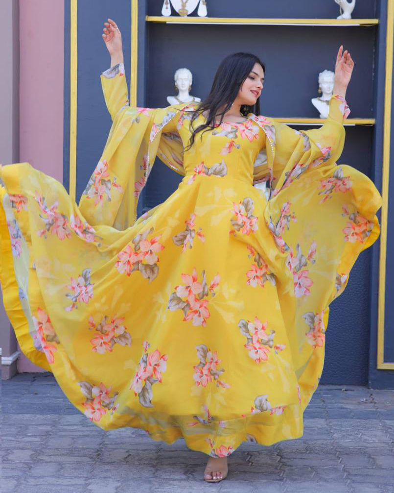 Party Wear Yellow color Silk fabric Gown : 1884763