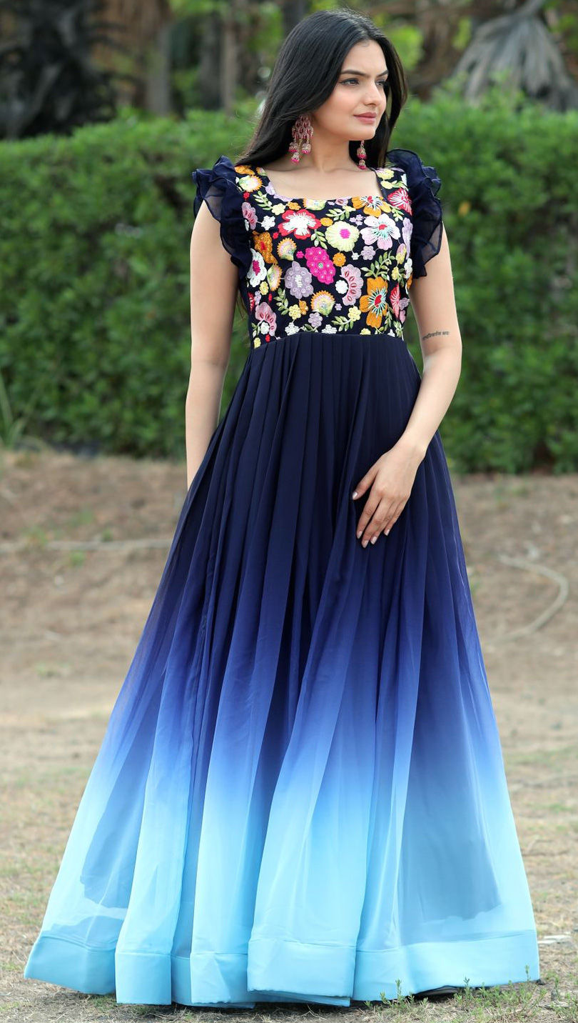 Blue Georgette Gown Dress With Heavy Golden Work Embellishments