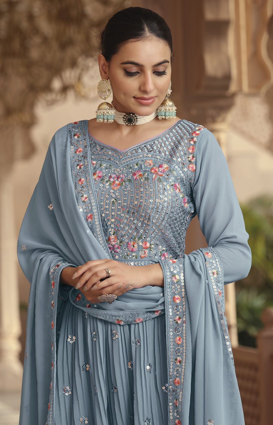 Party Wear Gerogette Gown in Light Blue Color main image 1