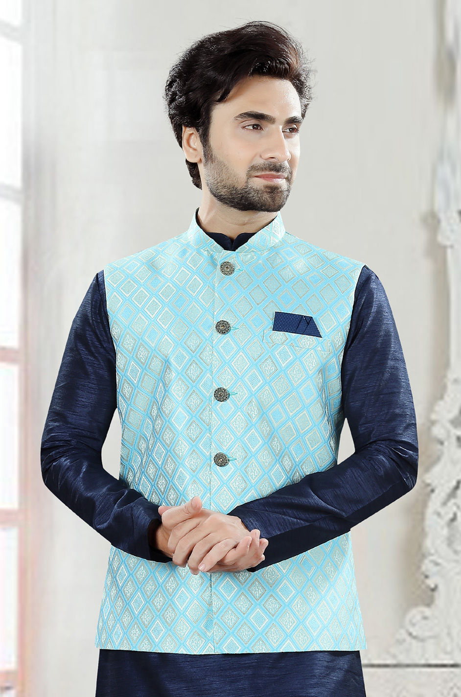 Party Wear Blue color Jacquard fabric Nehru Jacket : 1916826